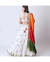 Raas Women's White Lehenga With Embroidered High Neck Choli and Multicolor Dupatta