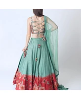 Raas Women's Mint Green Lehenga Choli Set with Shaded Floral Patchwork Skirt and Mirror Work Blouse