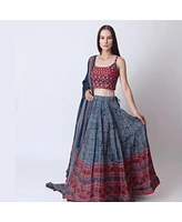 Raas Women's Blue and Red Bandhani Ajrakh Print Lehenga Choli