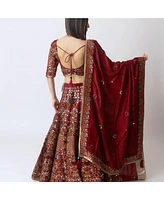 Raas Women's Hand Embroidered Red Silk Lehenga Choli with Sleeves