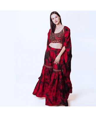 Raas Women's Black and Red Hand Tie Dye Palazzo Pantsuit with Hand Embroidered Blouse and Jacket