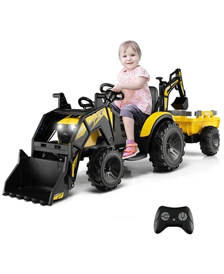 Gymax 3-in-1 Kids Ride On Excavator Bulldozer 12V Electric Tractor Remote w/ Trailer Yellow