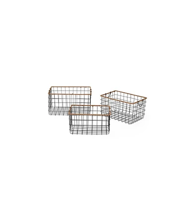 Home Outfitters S/3 Black Rectangular Grid Wire Baskets W/ Jute Rim - Fold Down Ear Handles, Black/Natural