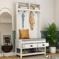 Famapy 68.5 in. White Wood 3-in-1 Hall Tree Coat Rack Storage Bench with 4-Metal Double Hooks and 2-Drawers, Shelves