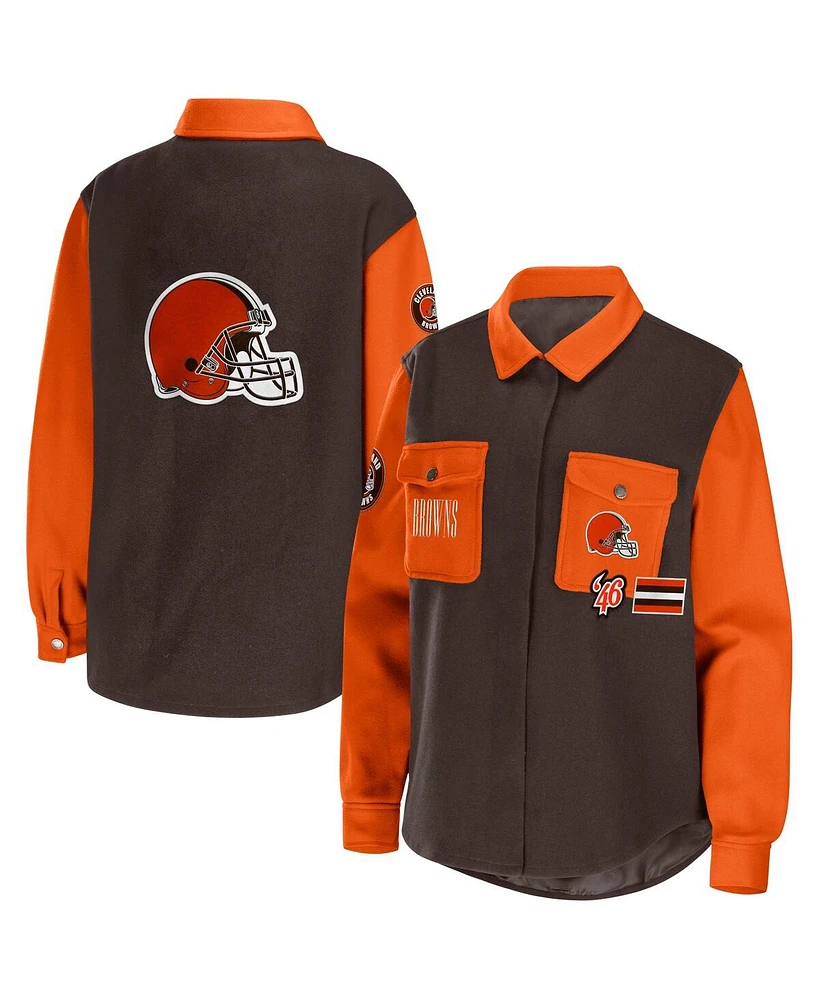 Wear by Erin Andrews Women's Brown Cleveland Browns Snap-Up Shirt Jacket