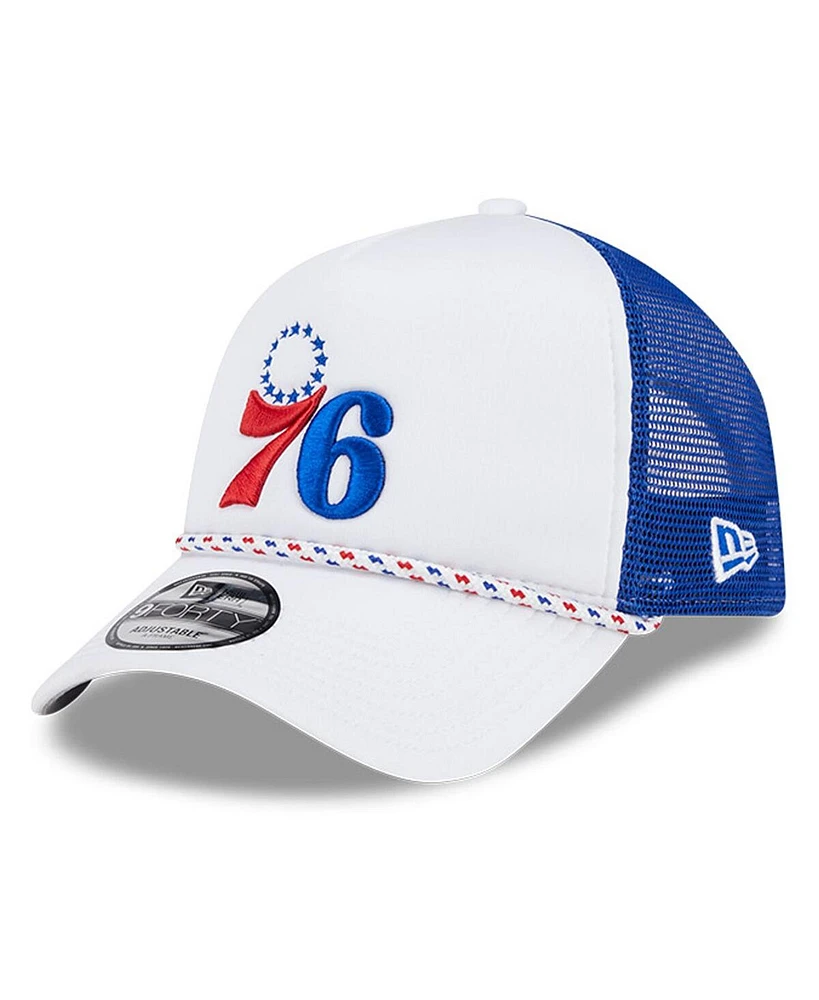 New Era Men's White/Royal Philadelphia 76ers Court Sport Foam A-Frame 9FORTY Adjustable Trucker Hat