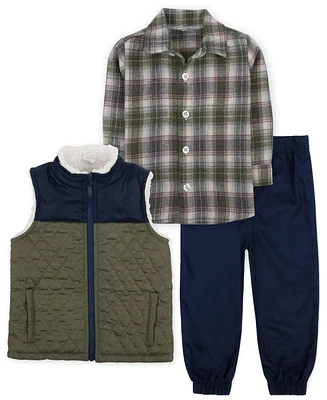 Baby Essentials Boy Vest, Plaid Button Down Shirt & Pant Outfit, 3-Piece Set