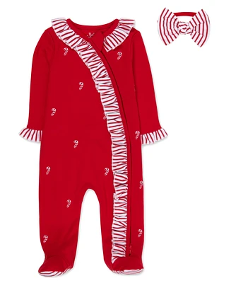 Baby Essentials Girls Candy Cane Footie with Headband, 2-Piece Set