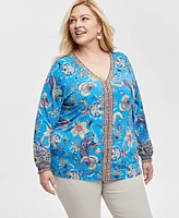 Jm Collection Plus Printed Blouson-Sleeve Top, Exclusively at Macy's