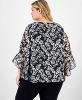 Kasper Plus Size Printed Crewneck Ruffle-Sleeve Blouse