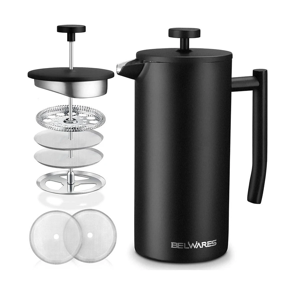 Belwares French Press Coffee Maker – Insulated Stainless Steel 304 Spoon, Double Wall, & 4 Level Filtration System