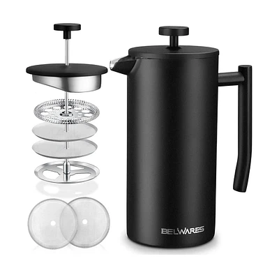 Belwares French Press Coffee Maker – Insulated Stainless Steel 304 Spoon, Double Wall, & 4 Level Filtration System