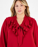 Kasper Plus Tie-Front Ruffle-Trim Blouse