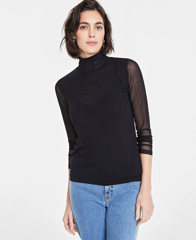 On 34th Women's Solid Mock-Neck Mesh Top, Created for Macy's