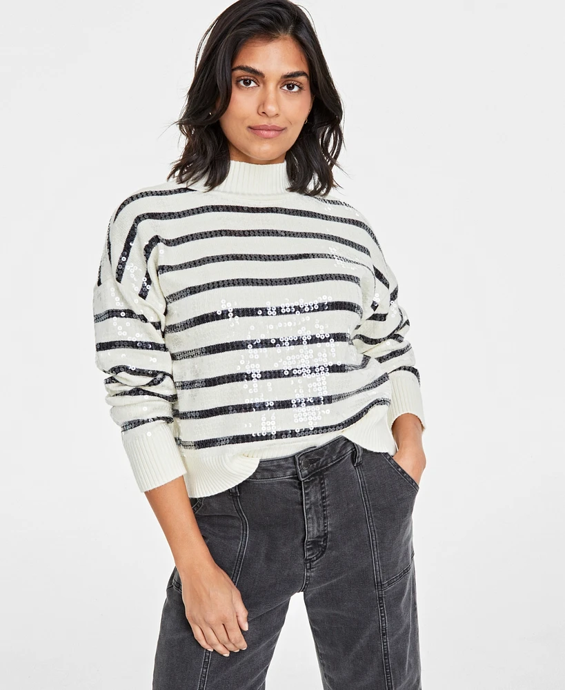 On 34th Women's Sequined Striped Mock-Neck Sweater, Created for Macy's