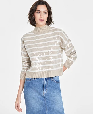 On 34th Women's Sequined Striped Mock-Neck Sweater, Created for Macy's