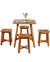 Sugift 5 Pieces Wood Patio Dining Set with Square Table and 4 Stools