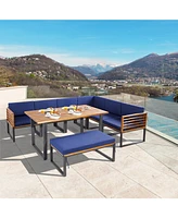 Sugift 8 Pieces Patio Acacia Wood Dining Table Set with Ottoman Cushions