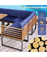 Sugift 8 Pieces Patio Acacia Wood Dining Table Set with Ottoman Cushions