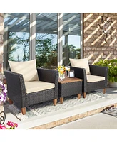 3 Pieces Patio Rattan Bistro Furniture Set with Wooden Table Top