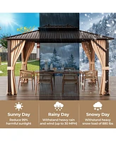 Sugift 10x13ft Double-Roof Patio Hardtop Gazebo with Galvanized Steel Roof Netting and Curtains-Coffee