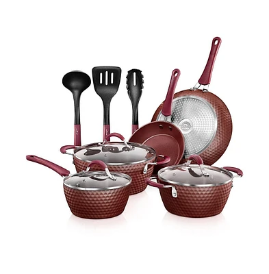 NutriChef Kitchenware Pots & Pans Set - Stylish Kitchen Cookware with Elegant Diamond Pattern, Ceramic Inside & Heat-Resistant Lacquer Outside, Non