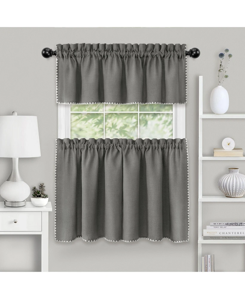 Kate Aurora Coastal Hamptons Living Complete 3 Piece Textured Kitchen Curtain Tier & Valance Set