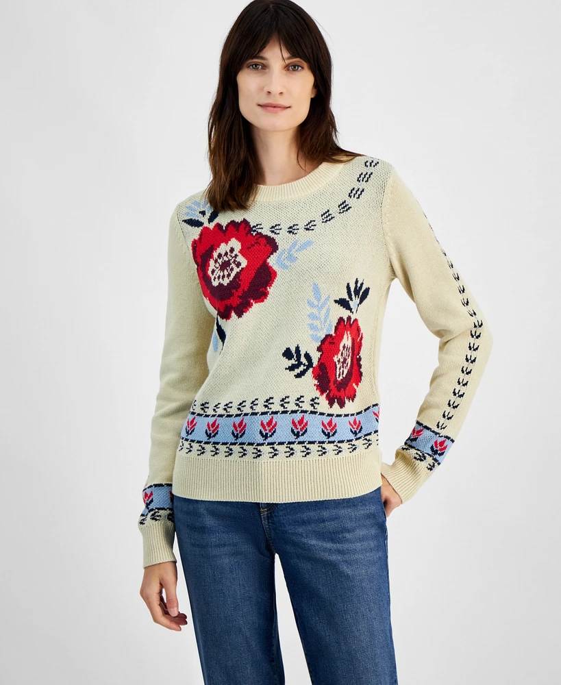 Style & Co Women's Floral Crewneck Pullover Sweater, Created for Macy's