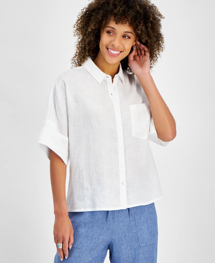 Charter Club Women's 100% Linen Crochet-Trim Shirt, Created for Macy's