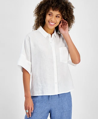 Charter Club Women's Linen Crochet-Trim Shirt, Created for Macy's