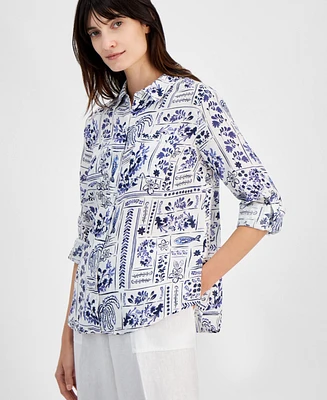 Charter Club Petite 100% Linen 3/4-Sleeve Roll-Tab Button-Front Shirt, Created for Macy's