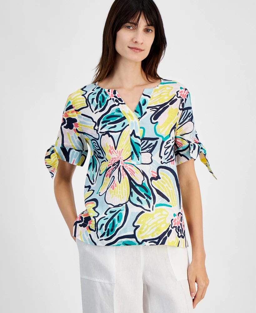 Charter Club Women's Split-Neck Wildflower Linen Shirt, Created for Macy's