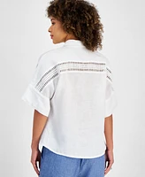 Charter Club Women's 100% Linen Crochet-Trim Shirt, Created for Macy's