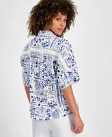 Charter Club Women's Printed Linen Crochet-Trim Shirt, Created for Macy's