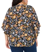 Vince Camuto Plus Floral Split-Neck Ruffle-Sleeve Top