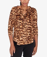 Ruby Rd. Petite Split Neck Printed Top with Ring Detail