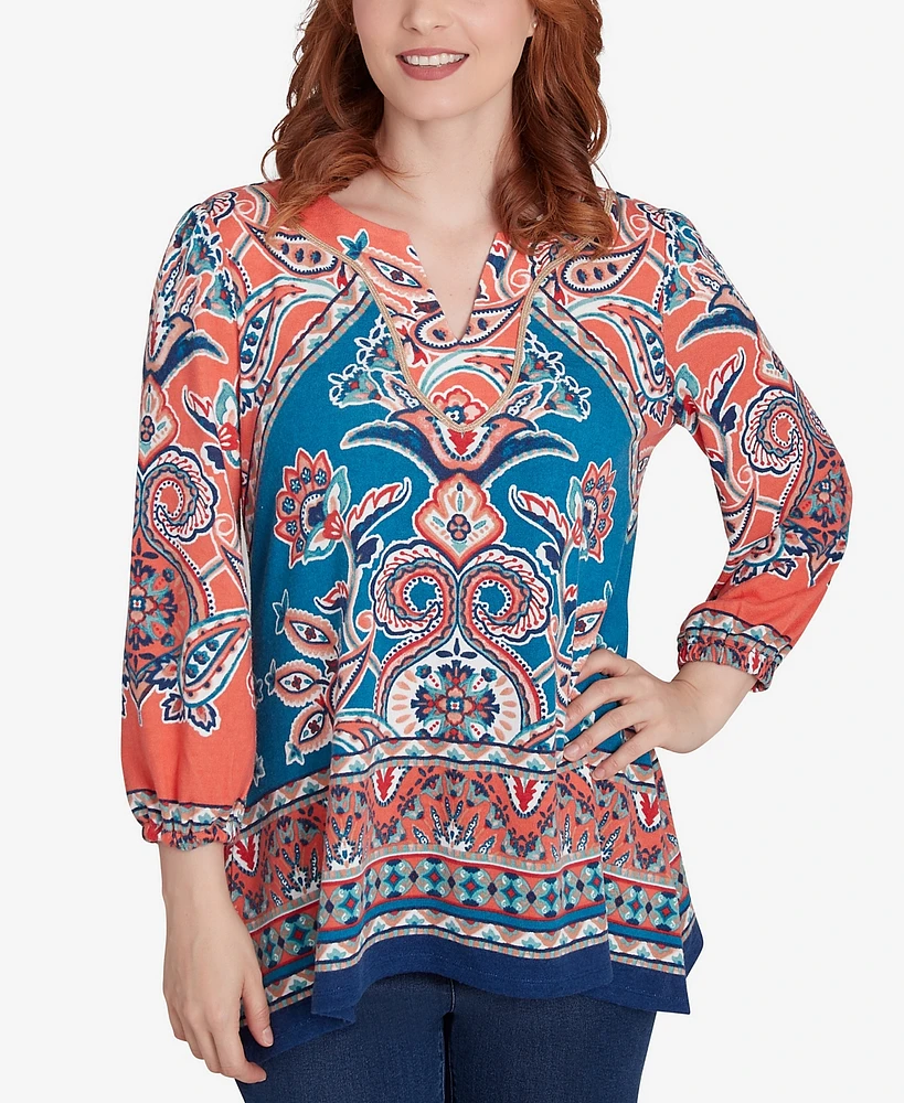 Ruby Rd. Petite Embellished Split Neck Baroque Motif Printed Hatchi Knit Top with Balloon Sleeves