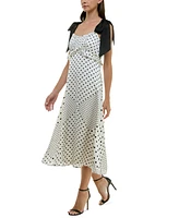 Trixxi Juniors' Dot-Print Ruffled-Front Satin Midi Dress