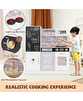 Gymax Play Kitchen Toy Set w/ Chalkboard Oven Sink Curtain Microwave Water Dispenser