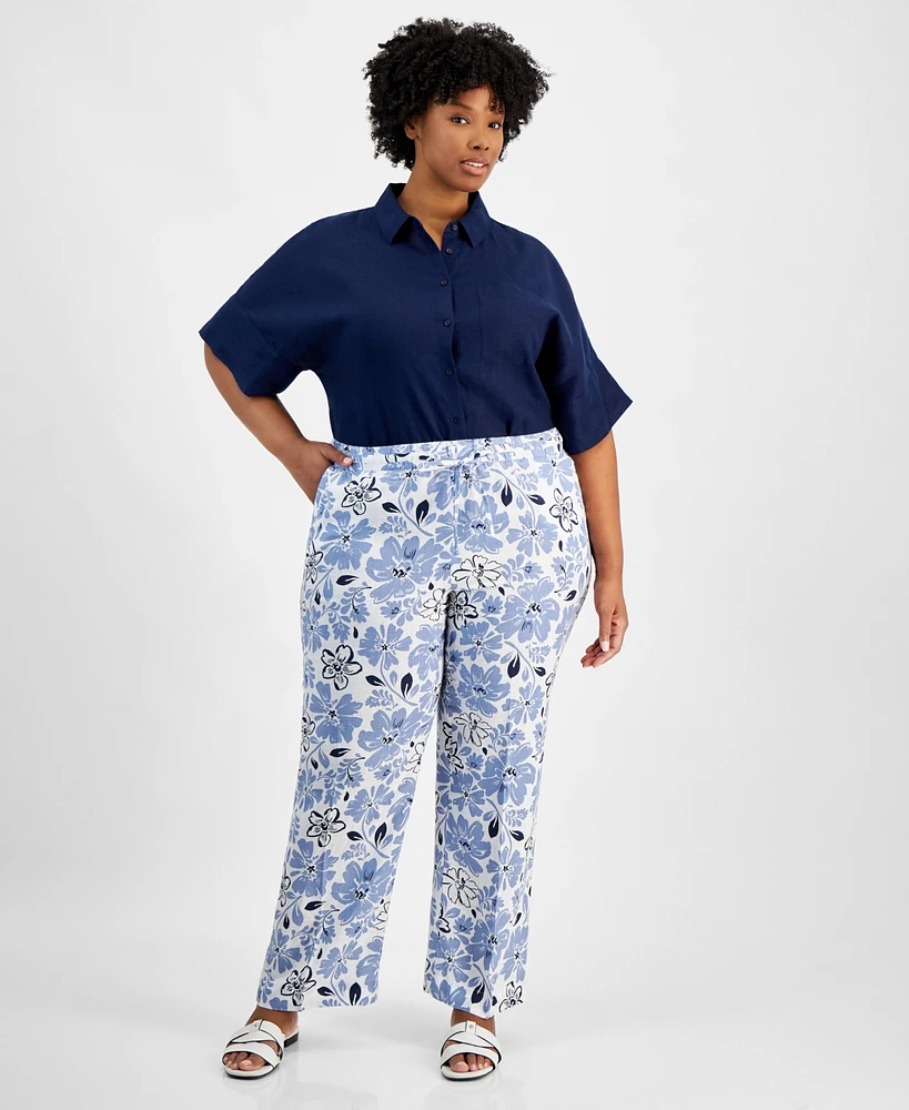 Charter Club Plus Linen Floral-Print Pants, Created for Macy's