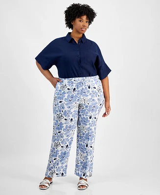 Charter Club Plus 100% Linen Floral-Print Pants, Created for Macy's