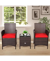 3 Pieces Patio Cushioned Rattan Conversation Set With Glass Table Top