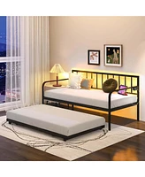 Twin Daybed Adjustable Sofa Bed Frame with Charging Station & Led Lights