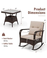 Costway 3 Pcs Rocking Bistro Set with Removable Cushions & Tempered Glass Top Coffee Table