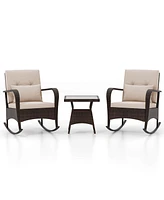 Costway 3 Pcs Rocking Bistro Set with Removable Cushions & Tempered Glass Top Coffee Table