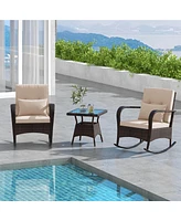 Costway 3 Pcs Rocking Bistro Set with Removable Cushions & Tempered Glass Top Coffee Table