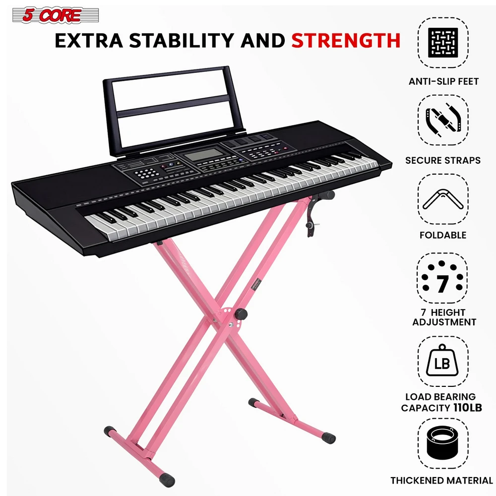 5 Core Keyboard Stand Double X Style Adjustable Piano Riser + Keyboard Piano Bench