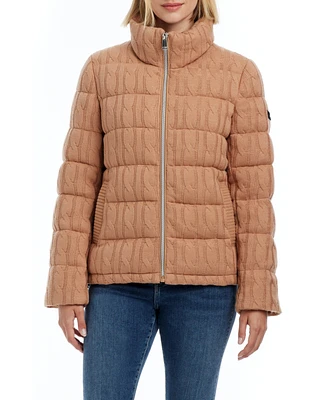 Sanctuary Women's Single-Breasted Cable Knit + Cire Mix Puffer Jacket