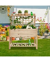 Givimo Wooden Raised Garden Bed with Wheels Trellis and Storage Shelf