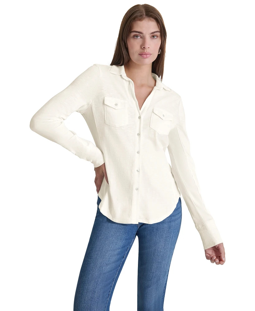 Dkny Jeans Petite Cotton Collared Button-Front Shirt